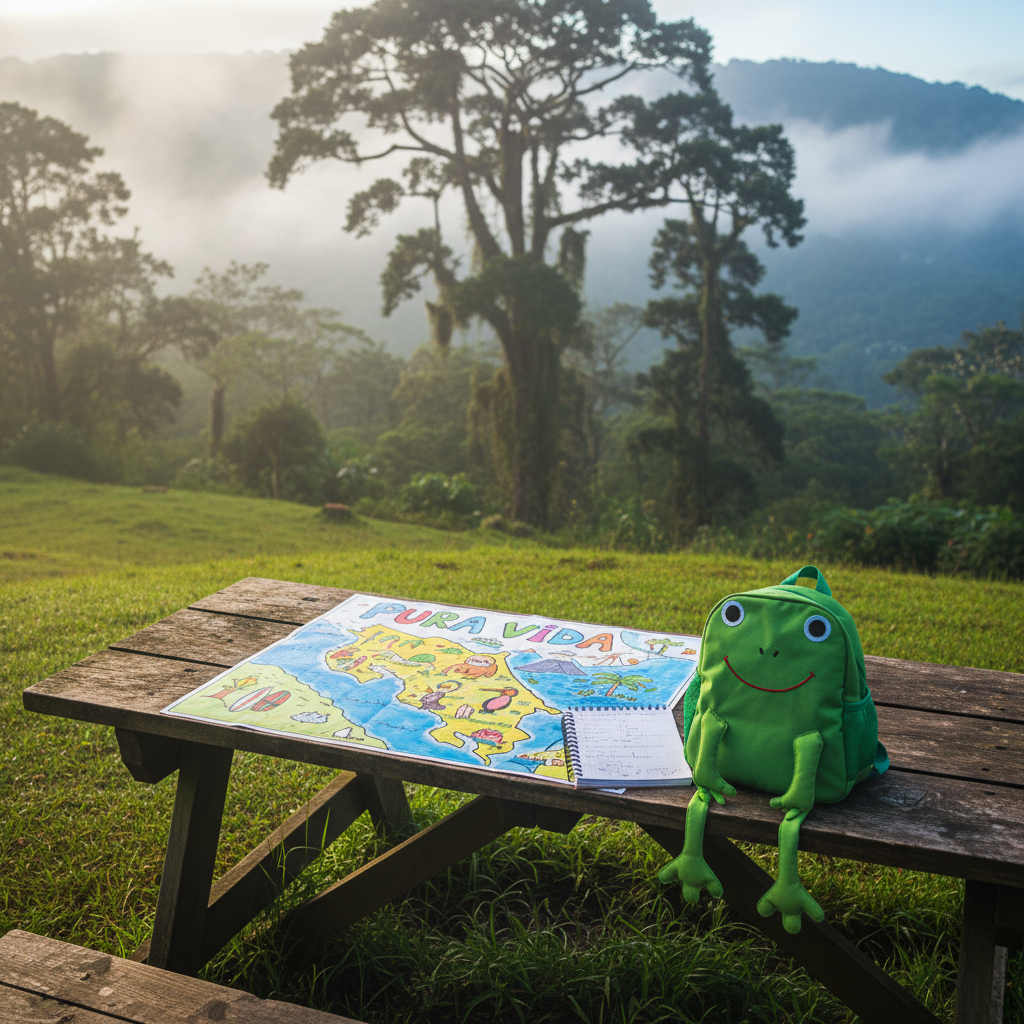 A weathered wooden picnic table on a lush Monteverde hillside, its surface scattered with a colorful hand-drawn map of Costa Rica, a small spiral teacher’s notebook, and a bright child-sized backpack shaped like a jungle animal. Mist from the nearby cloud forest drifts through towering green trees in the background, partly veiling distant mountains. Soft, diffused morning light filters through the clouds, creating a gentle glow on the damp grass and wooden grain. Photographed at eye level with a shallow depth of field, the table and objects are in sharp focus while the cloud forest blurs into dreamy bokeh. The mood is playful and adventurous, evoking family travel and new beginnings abroad with photographic realism and vibrant natural colors.