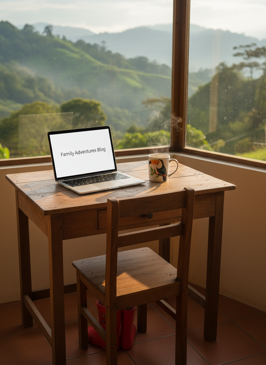 A cozy, sunlit corner of a simple Costa Rican home in Monteverde with a laptop, a hand-painted toucan mug, and tiny rubber boots, cloud forest hills visible through the window