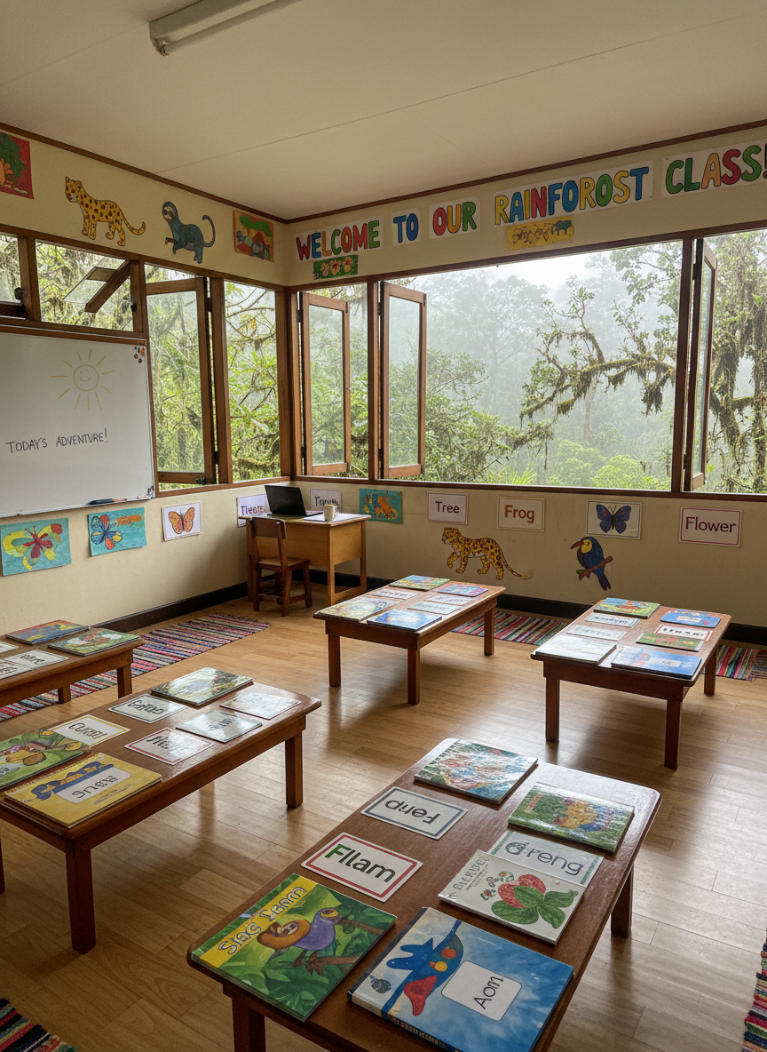 A vibrant Monteverde classroom scene without students, showing low wooden tables arranged for young learners, each covered with colorful picture books about rainforests, simple English flashcards, and hand-drawn animal posters on the walls. Outside the open windows, dense cloud forest greenery and moss-covered branches stretch into the distance. Soft overcast daylight fills the room, creating even, gentle illumination that enhances the rich colors of paper and paint. Captured from a wide-angle, eye-level perspective, the image shows the entire room in sharp detail, with a playful yet organized composition. The atmosphere is cheerful and welcoming, suggesting an English teacher’s life in Costa Rica preparing for class, portrayed with photographic realism and vibrant, natural tones.