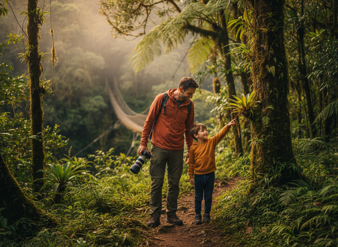 A parent with a camera and a young child exploring a lush Monteverde cloud forest trail in warm afternoon light