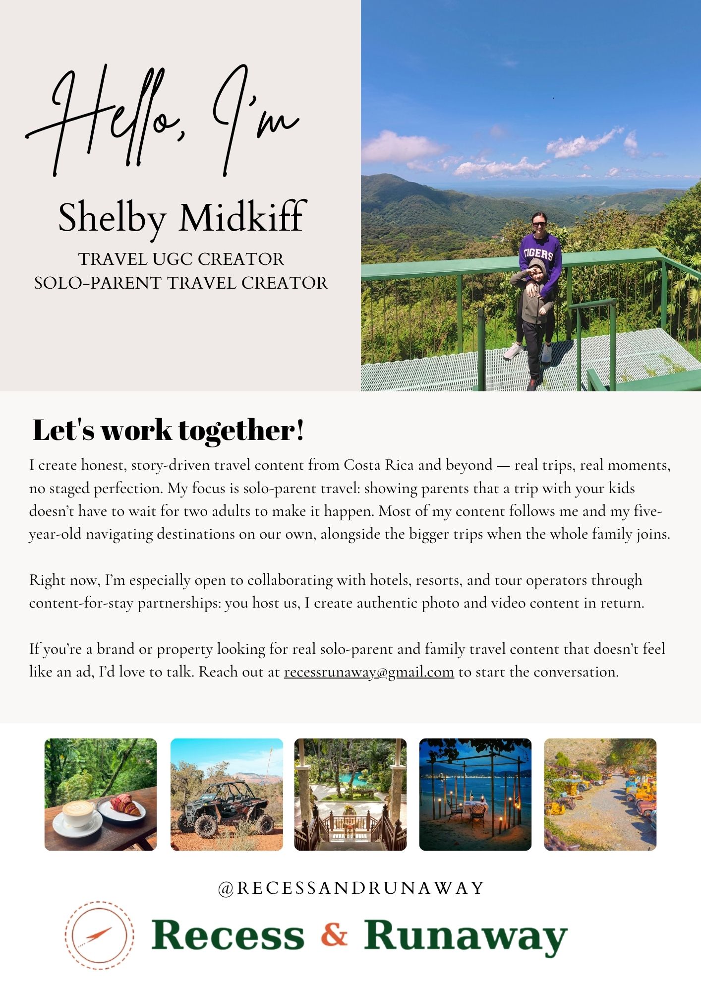Recess & Runaway media kit featuring solo-parent travel creator information and collaboration opportunities
